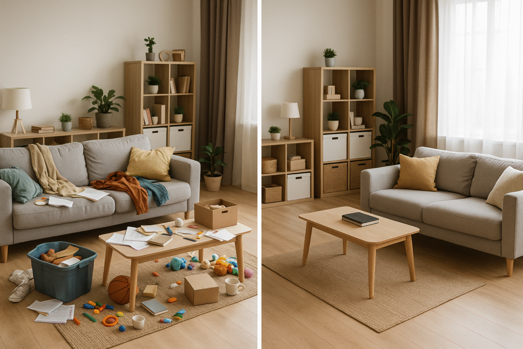 Sala de estar antes y después de organizar