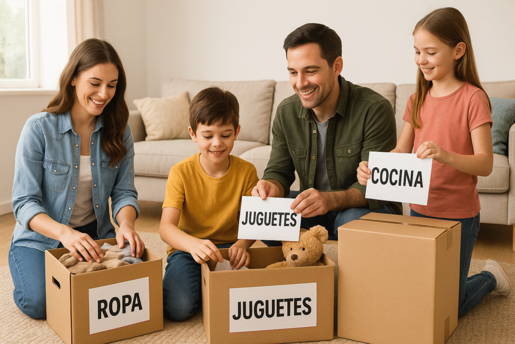 Familia organizando la casa con cajas etiquetadas